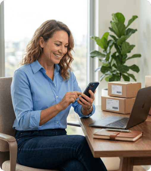 Partnership business owner reviewing tax information on her phone at a desk with laptop and shipping boxes
